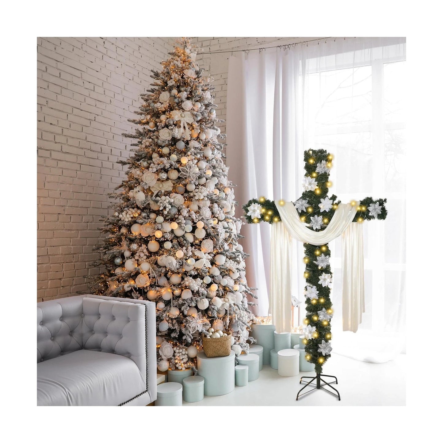 7Ft Artificial Christmas Cross Tree with a String Lights