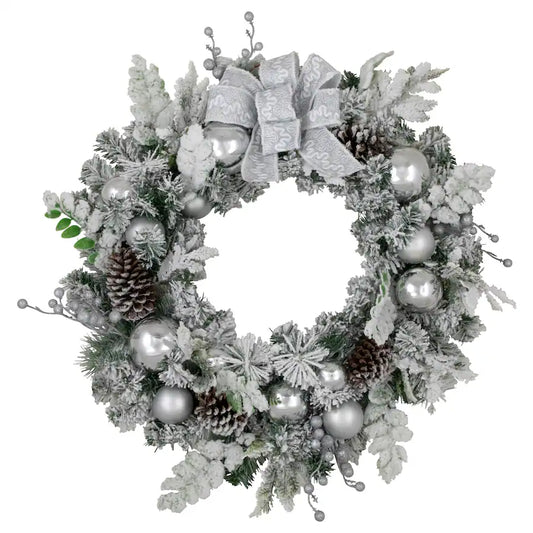 Northlight - Glitter and Frosted Foliage Artificial Christmas Wreath with Bow