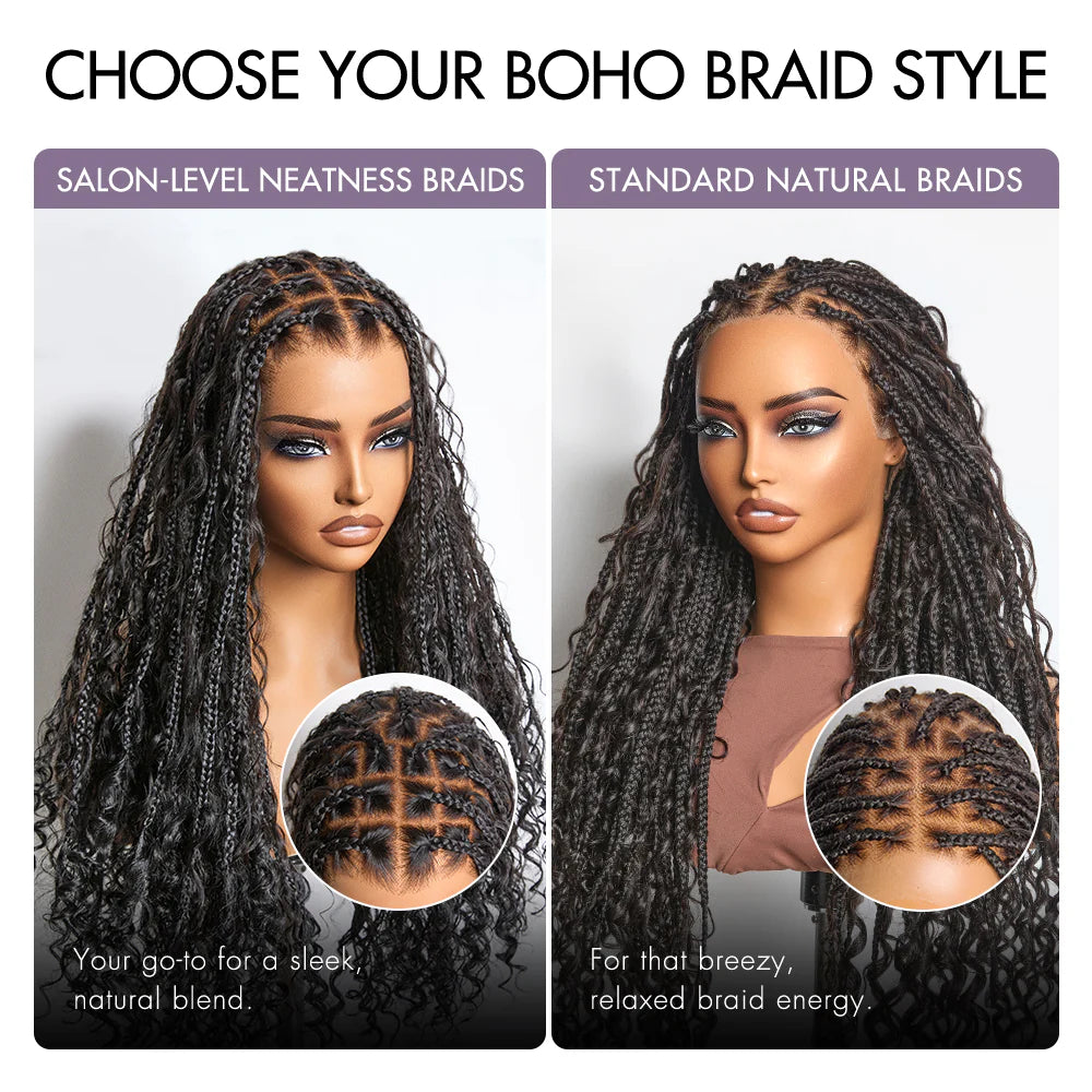 Drawstring Cap Full Lace Knotless Boho Curls Braided Long Wig