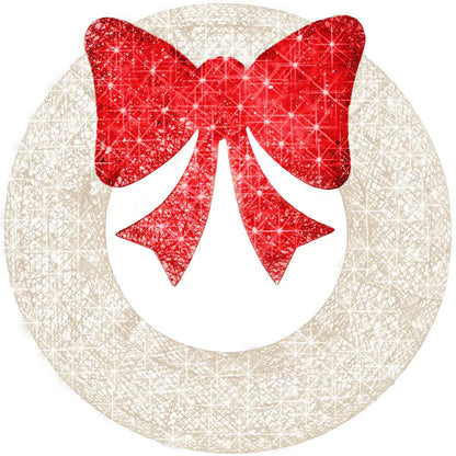 Outdoor Christmas Wreath, LED Metal Holiday Decor w/ 206 Lights, Bow - White/Red
