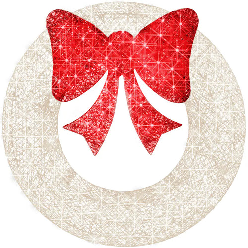 Outdoor Christmas Wreath, LED Metal Holiday Decor w/ 206 Lights, Bow - White/Red