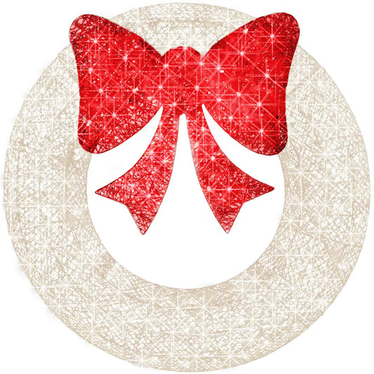 Outdoor Christmas Wreath, LED Metal Holiday Decor w/ 206 Lights, Bow - White/Red