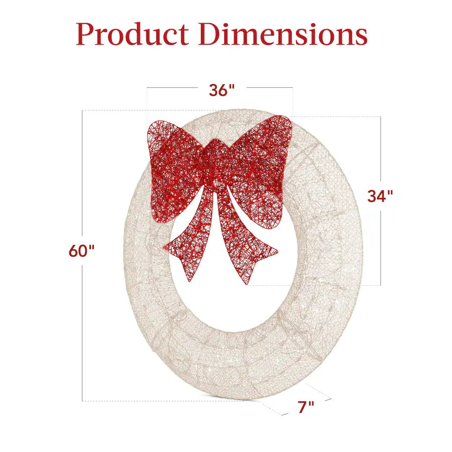 Outdoor Christmas Wreath, LED Metal Holiday Decor w/ 206 Lights, Bow - White/Red