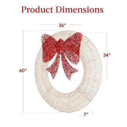 Outdoor Christmas Wreath, LED Metal Holiday Decor w/ 206 Lights, Bow - White/Red