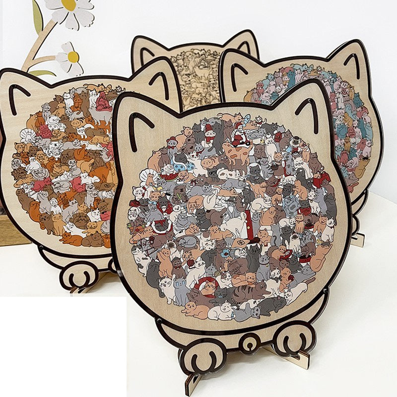 135-Piece Morandi-Colored Cat Shaped Wooden Jigsaw Puzzle