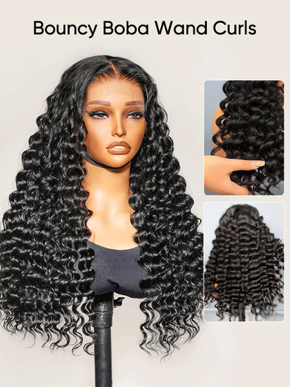 Bouncy Boba Wand Curls With Voluminous Density Pre-Plucked Pre Cut 7x5 13x4 Ready To Go Lace Wigs