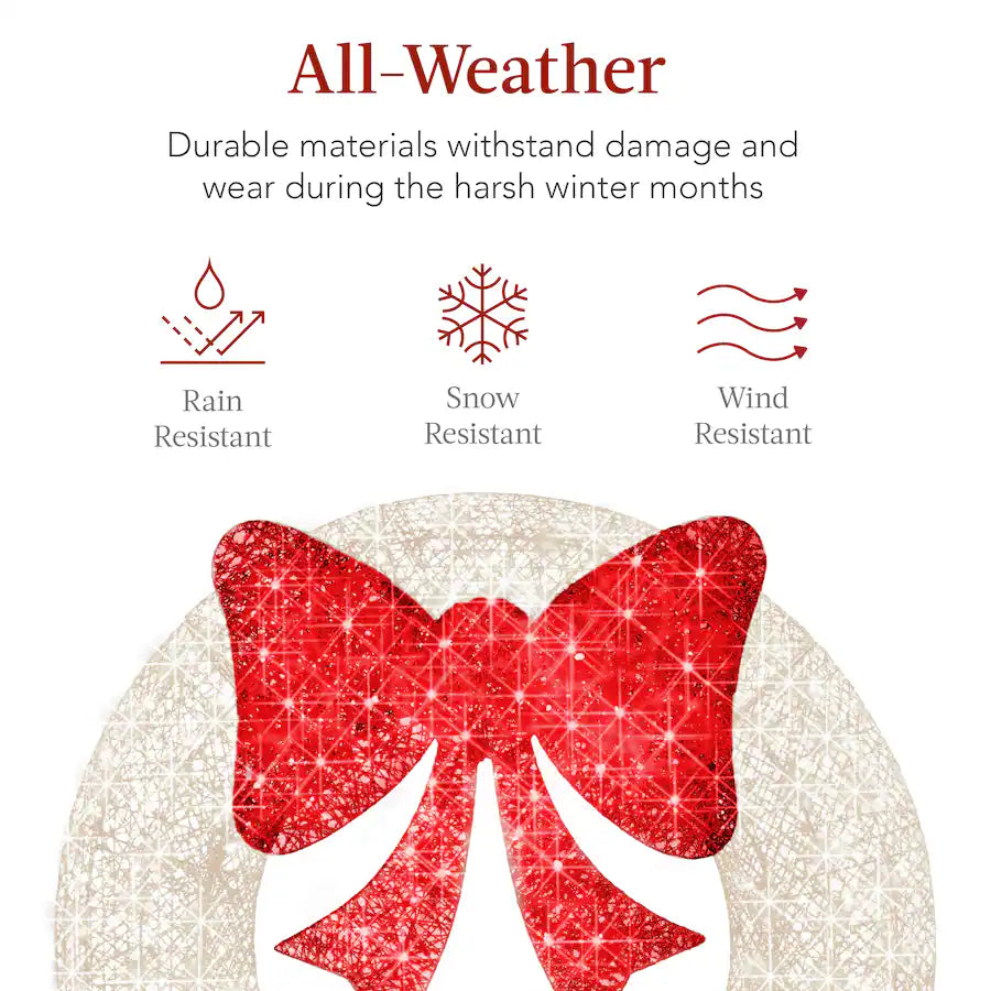 Outdoor Christmas Wreath, LED Metal Holiday Decor w/ 206 Lights, Bow - White/Red