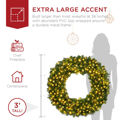 Pre-Lit Artificial Fir Christmas Wreath w/ LED Lights, Plug-In, PVC Tips