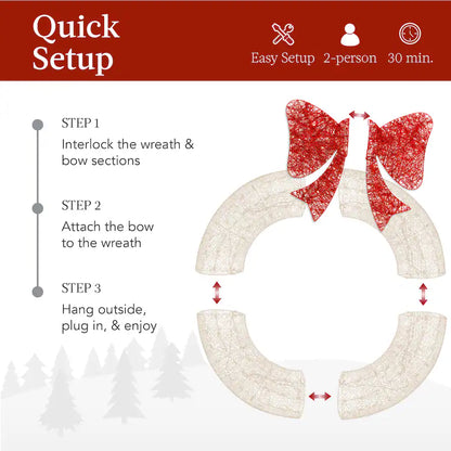 Outdoor Christmas Wreath, LED Metal Holiday Decor w/ 206 Lights, Bow - White/Red